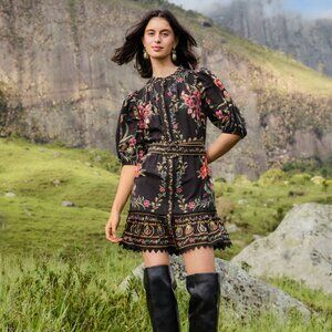 NWT dark floral cotton mini dress with belt Farm Rio